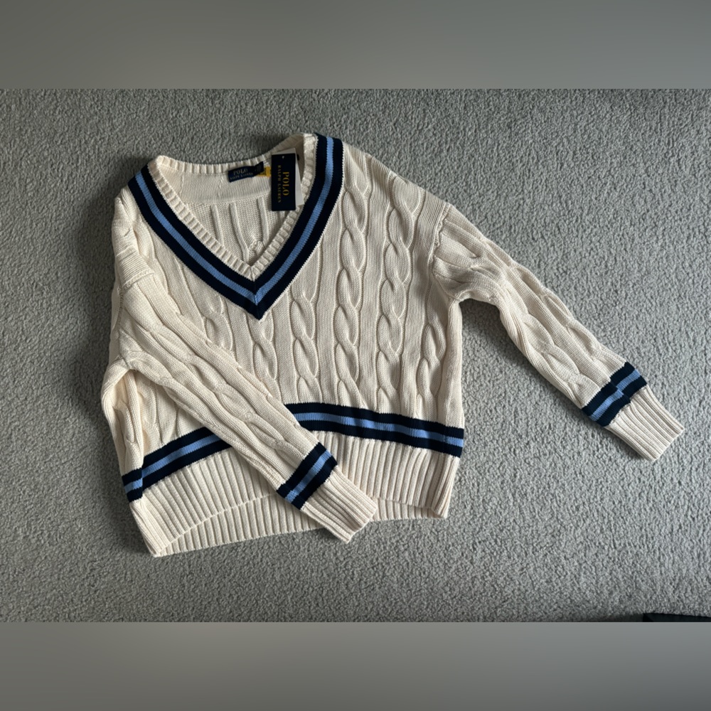 Polo by Ralph Lauren Cream Cable-Knit V-Neck Sweater with Navy & Light Blue Trim